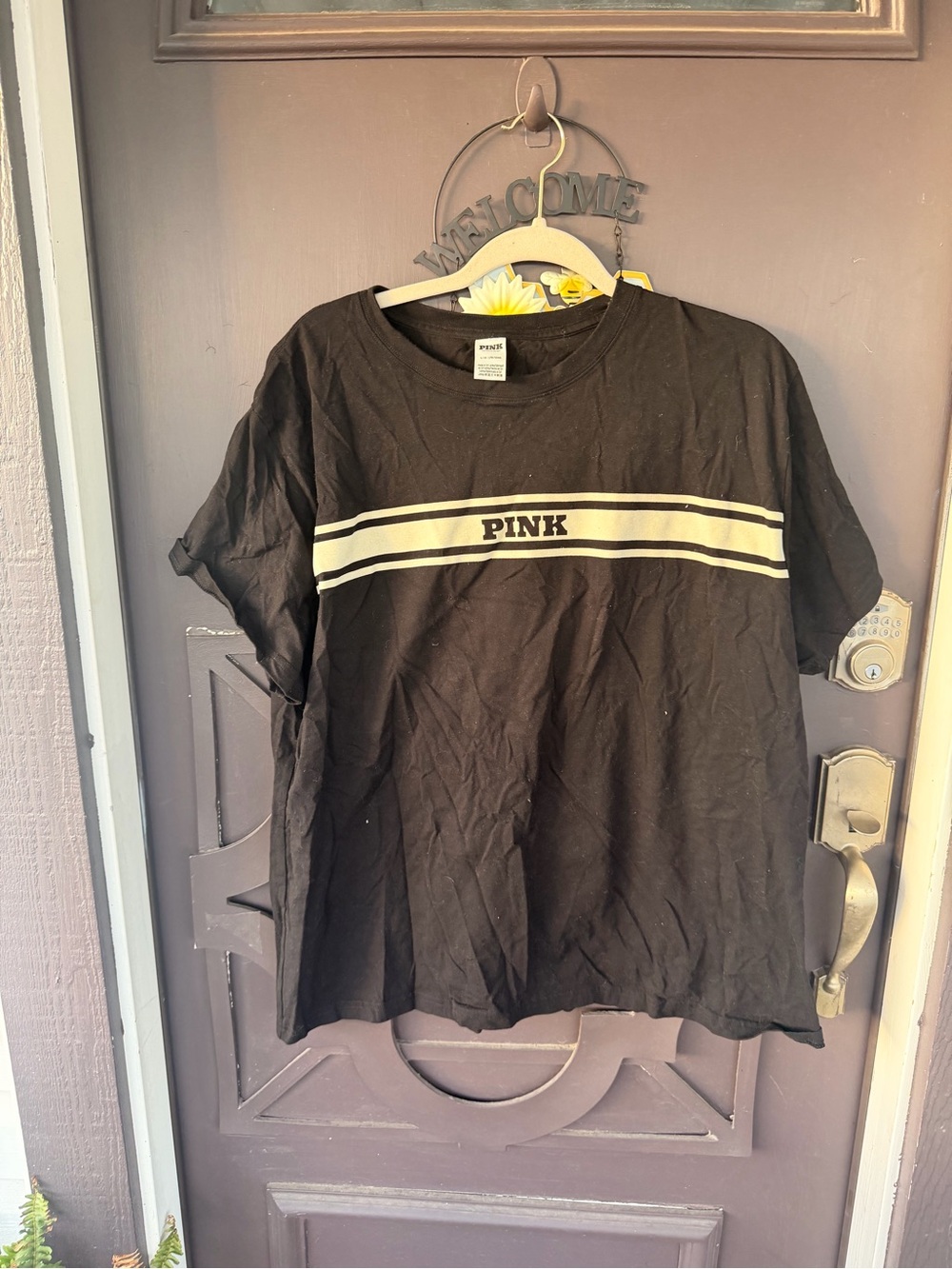 PINK Victoria's Secret Black Short-Sleeve Tee with Cream Stripes